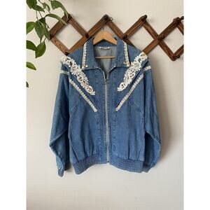 Vintage Floral Embroidered Blue Denim Rodeo Western Rodeo Jacket Womens Size M/L